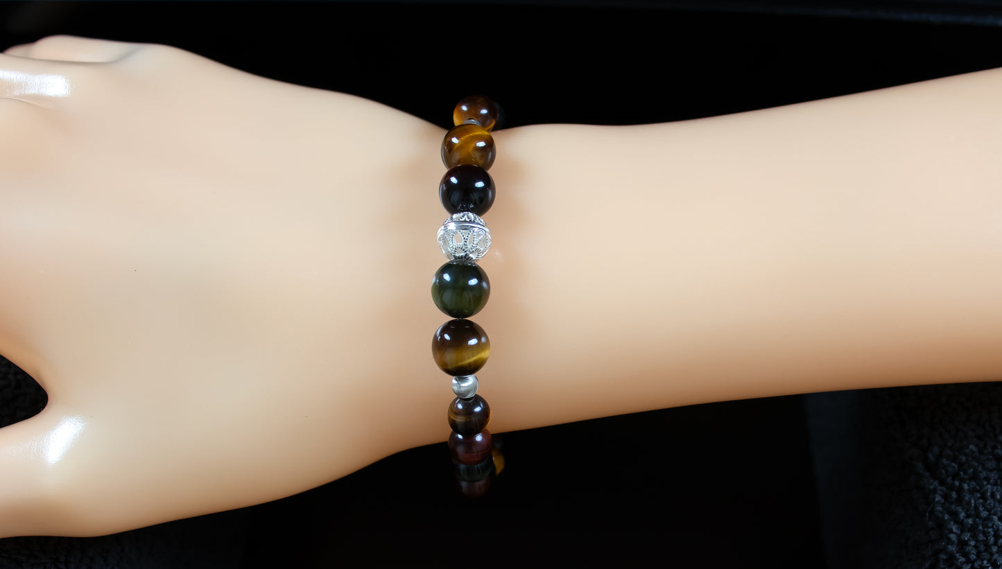 Prosperity/Courage - AAA Quality Natural Multi-Colored Tiger’s Eye Bracelet with .925 Sterling Silver Bead Accents