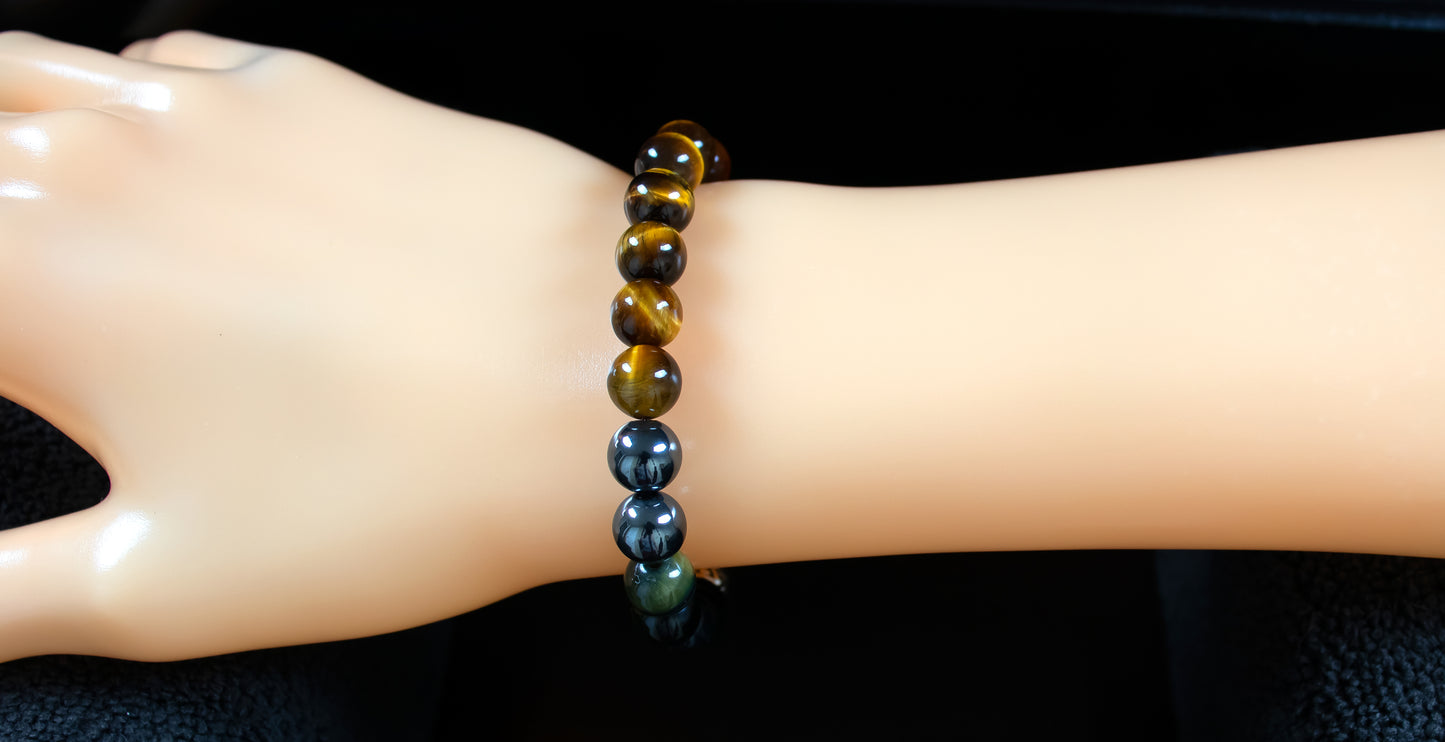 Abundance and Courage Bracelet - AAA Quality Golden Tiger's Eye/AAA Quality Blue Tiger's Eye/A Quality Hematite/ .925 Sterling Silver - 8mm