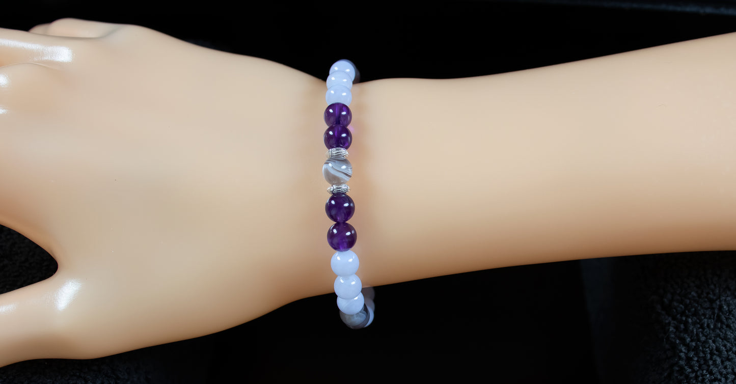 Growth/Clarity - AAA Quality Botswana Agate/AAAAA Quality Purple Amethyst/AAA Quality Blue Lace Agate/.925 Sterling Silver Accents - 6mm