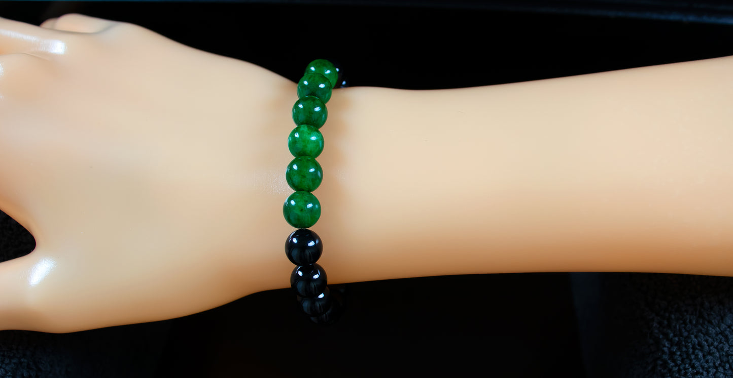 Luck/Focus - AAA Quality Natural Dark Green Jade/AAA Quality Natural Black Onyx/.925 Sterling Silver Accents - 8mm