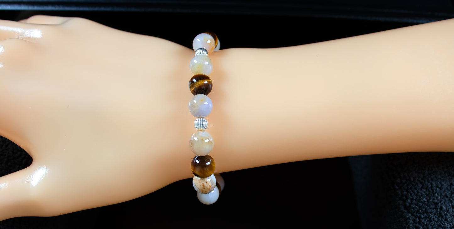 Balance/Abundance - AAA Quality Australian Agate/AAA Quality Golden Tiger's Eye/.925 Sterling Silver Accents - 8mm