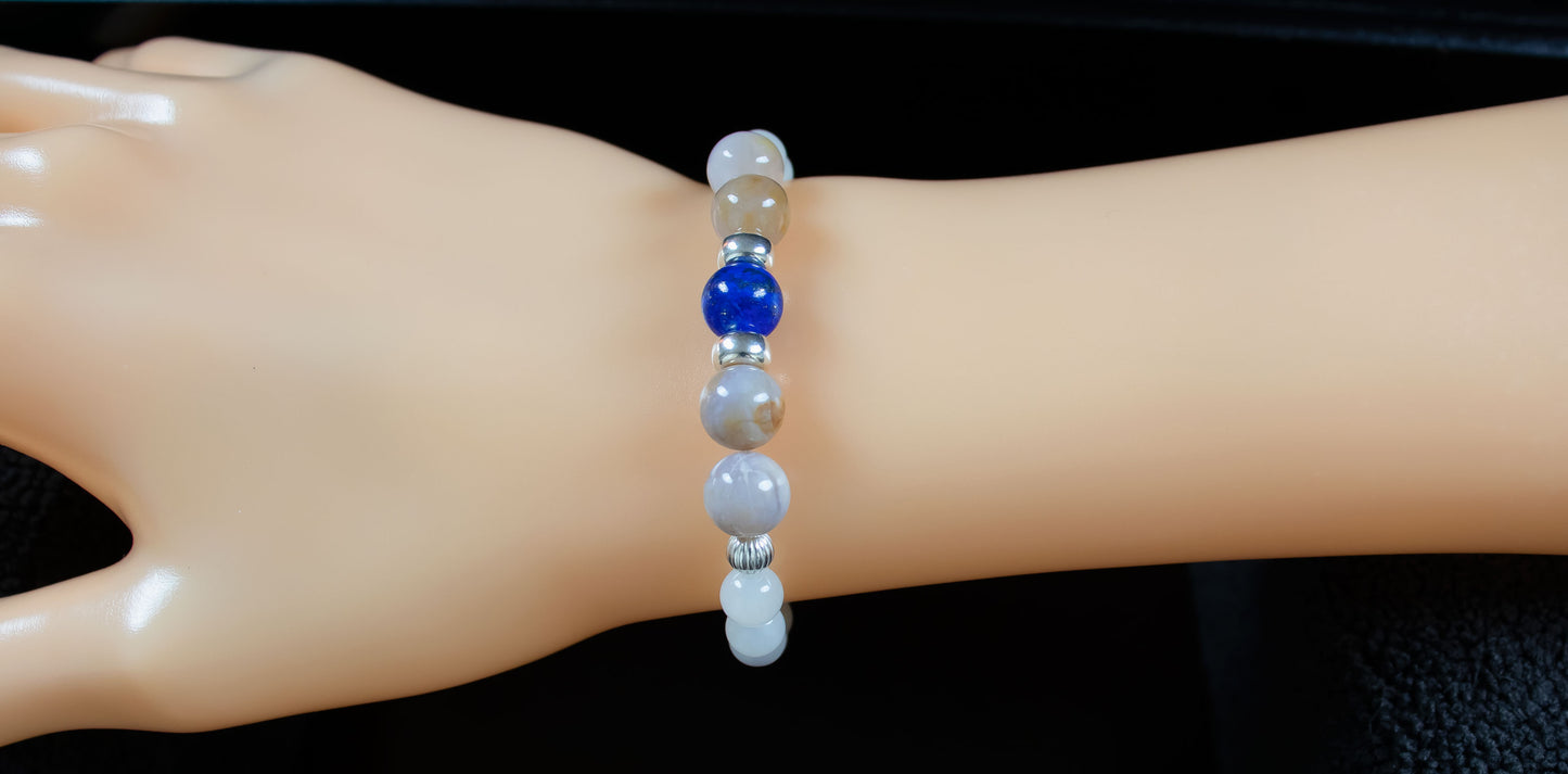 Balance/Wisdom - AAA Quality Lapis Lazuli/AAA Quality Australian Agate/AAA Quality White Moonstone/.925 Sterling Silver Accent Beads - 8mm