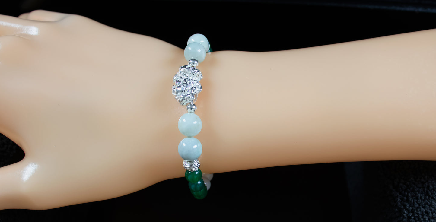 Fortune/Strength - AAA Quality Burma Jade/AAA Quality Green Onyx/.925 Sterling Silver Pi Xiu - 8/6mm