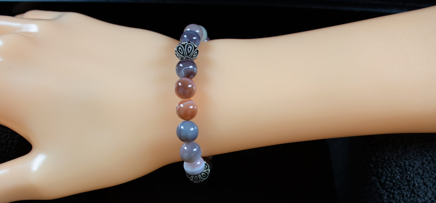 Guidance - AAAAA Quality Natural Botswana Agate/.925 Sterling Silver V Bali Bead Accents - 6 or 8mm