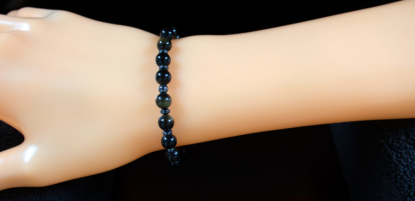 Cleanse/Willpower - AAA Quality Black Obsidian/A Quality Black Hematite Bracelet Finished with a .925 Sterling Silver Charm - 6mm