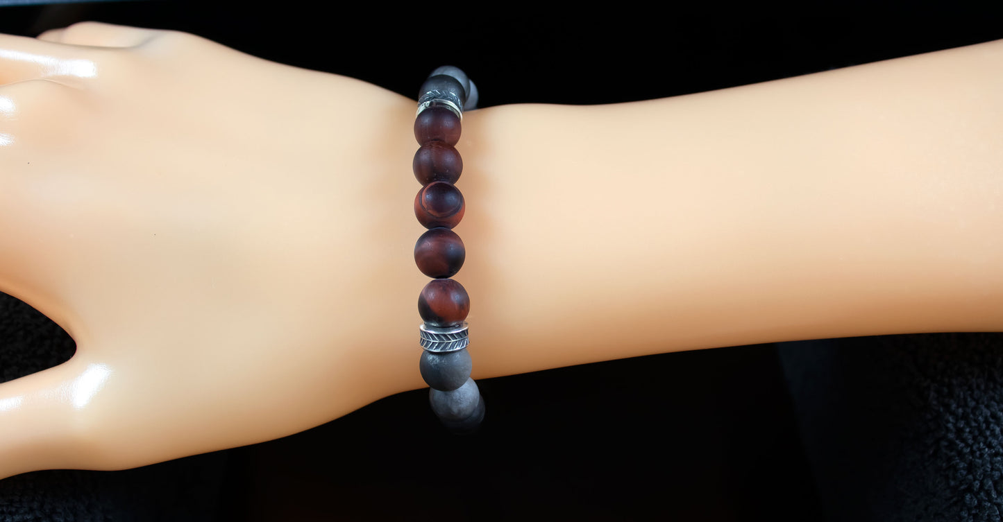 Protection/Strength - A Quality Matte Mahogany Red Tiger’s Eye/ AAA Quality Matte Silver Obsidian/.925 Sterling Silver Accents - 8mm