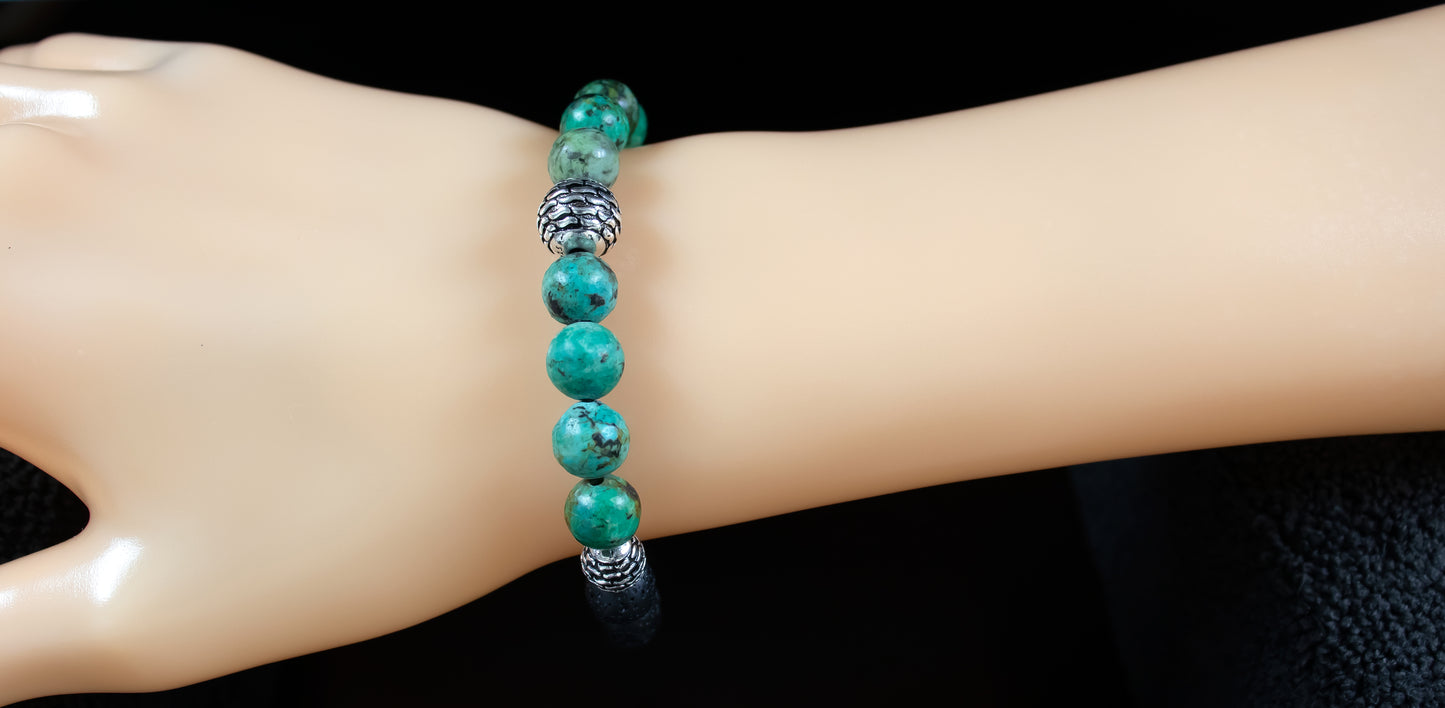 Healing - AAA Quality Natural African Turquoise /AAA Quality Natural Black Lava Stone Bracelet/.925 Sterling Silver Engraved Accent Beads