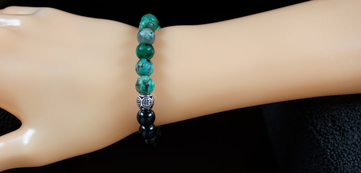 Balance/Protection - AAA Quality Green African Turquoise/AAA Quality Black Tourmaline with .925 Sterling Silver Celtic Knot Accents - 8mm