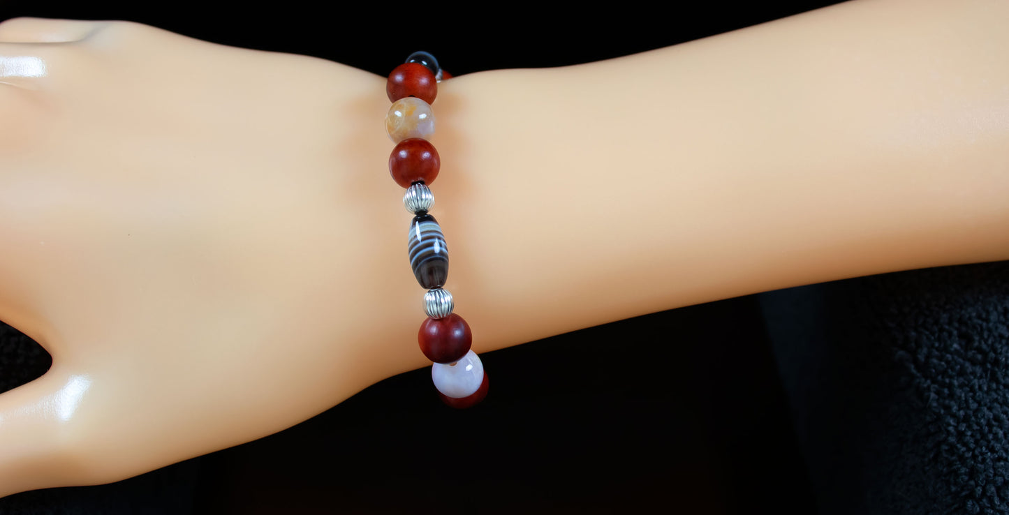 Support/Balance - AAA Quality Natural Tibetan Agate/AAA Natural Australian Agate/Natural Raja Kayu Wood/.925 Sterling Silver Accents