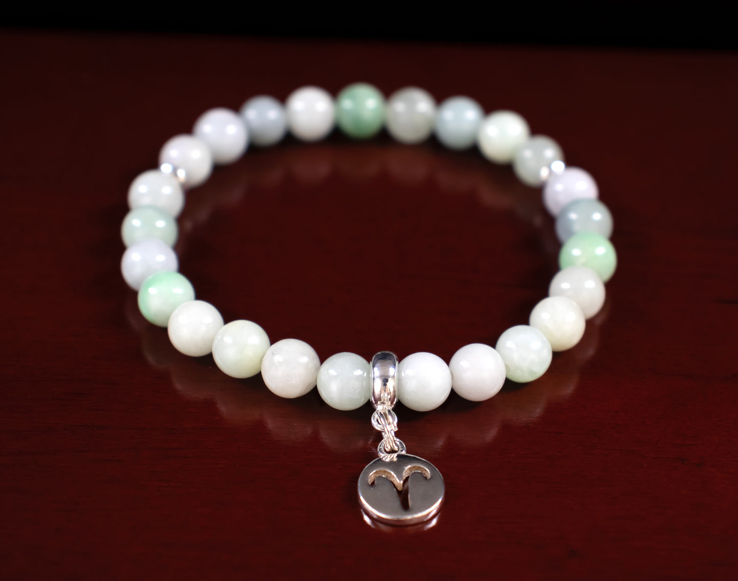 Aries - AAA Quality Natural Burma Green Jade/.925 Sterling Silver Bracelet with Zodiac Charm ARIES – 6mm