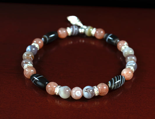 Protection/Healing - AAA Quality Natural Tibetan Agate/AAA Pink Sunstone/AAA Quality Natural Botswana Agate/.925 Sterling Silver