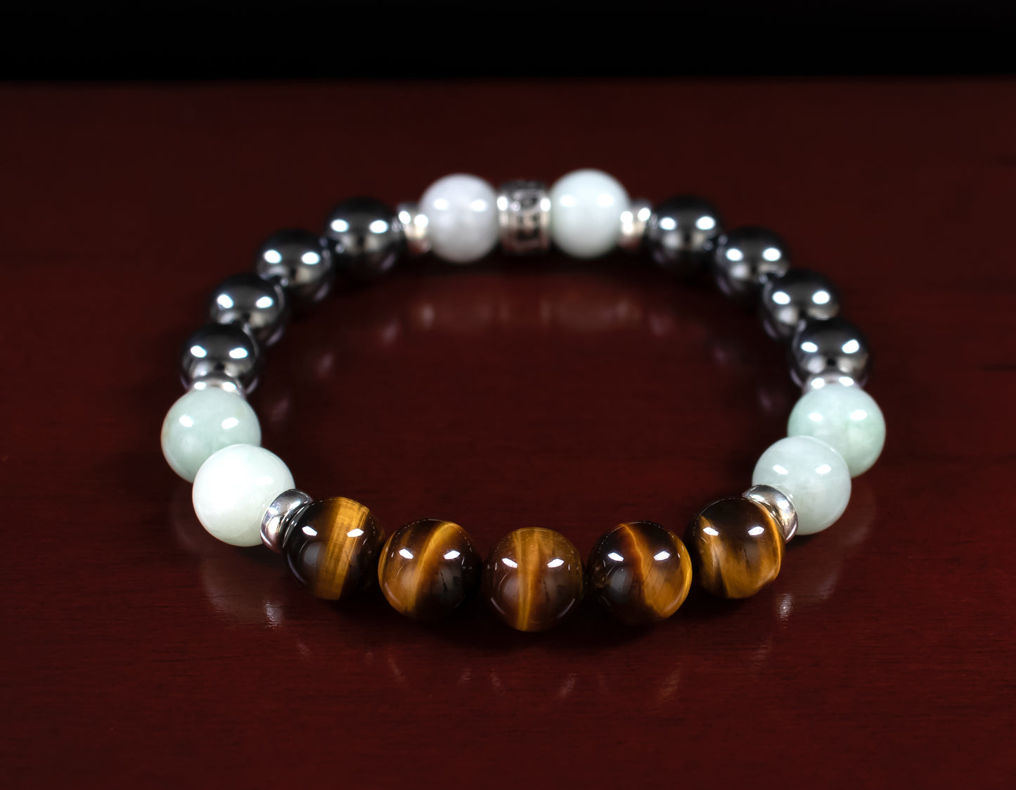 Fortune/Protection - AAA Quality Tiger's Eye/AAA Quality Burma Jade/A Quality Hematite/.925 Sterling Silver - 8mm