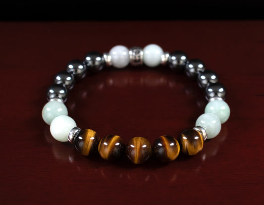 Fortune/Protection - AAA Quality Tiger's Eye/AAA Quality Burma Jade/A Quality Hematite/.925 Sterling Silver - 8mm