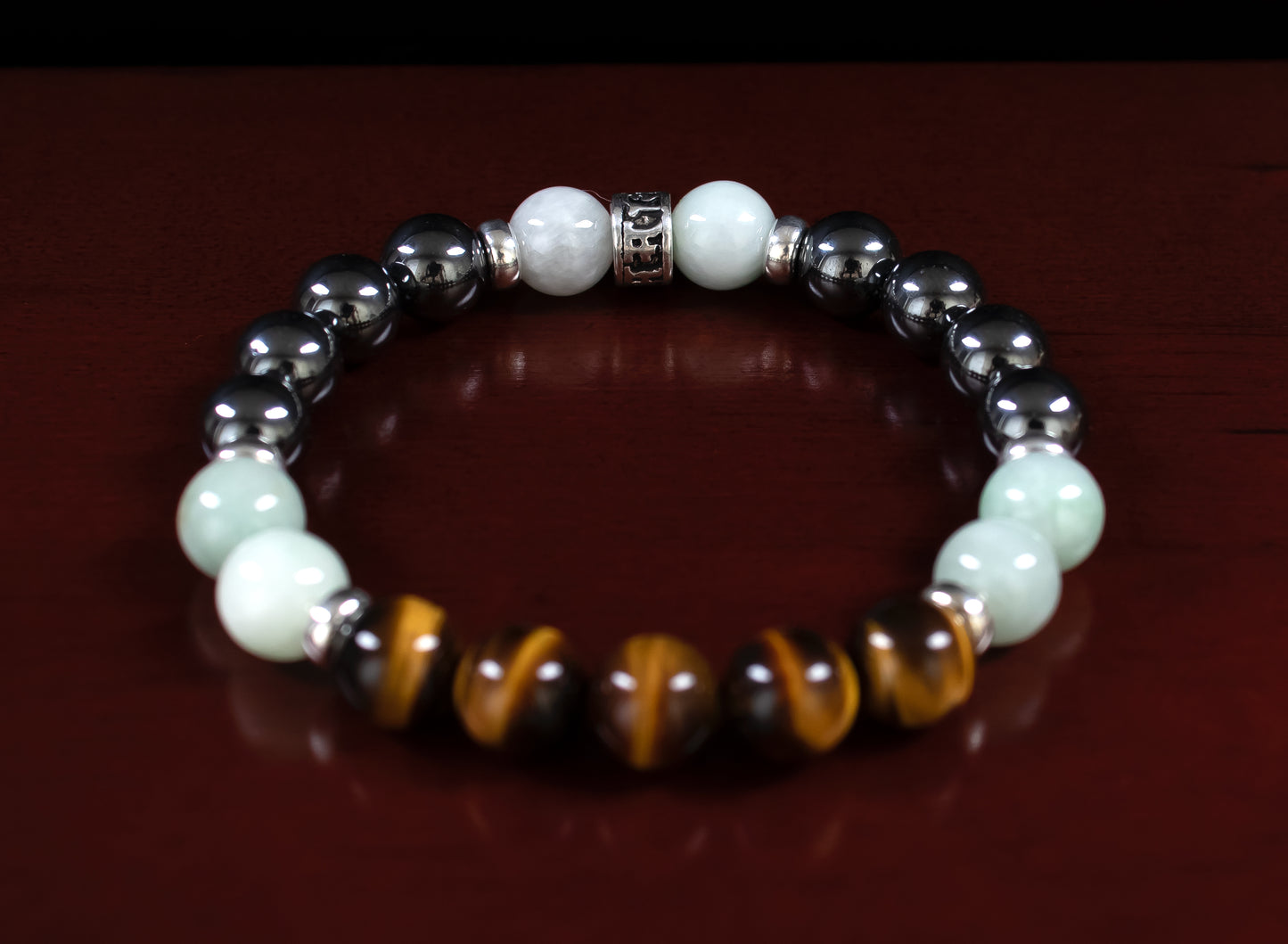 Fortune/Protection - AAA Quality Tiger's Eye/AAA Quality Burma Jade/A Quality Hematite/.925 Sterling Silver - 8mm