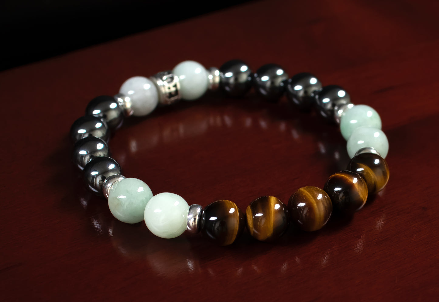 Fortune/Protection - AAA Quality Tiger's Eye/AAA Quality Burma Jade/A Quality Hematite/.925 Sterling Silver - 8mm