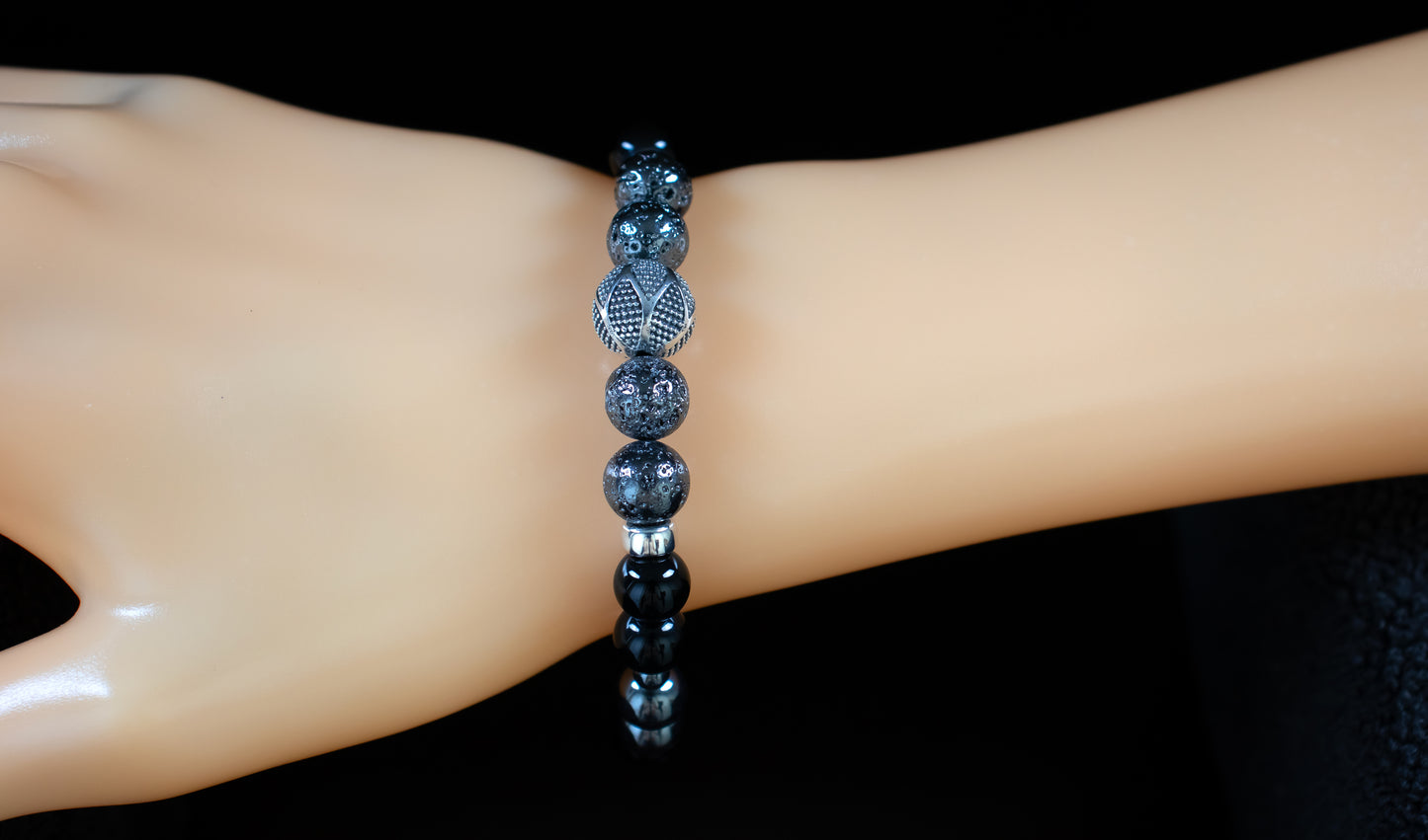 Confidence/Good Luck  - AAA Quality Gun Metal Lava/AAA Quality Black Onyx/A Quality Hematite/.925 Sterling Silver Hand Made Bali Bead - 8mm