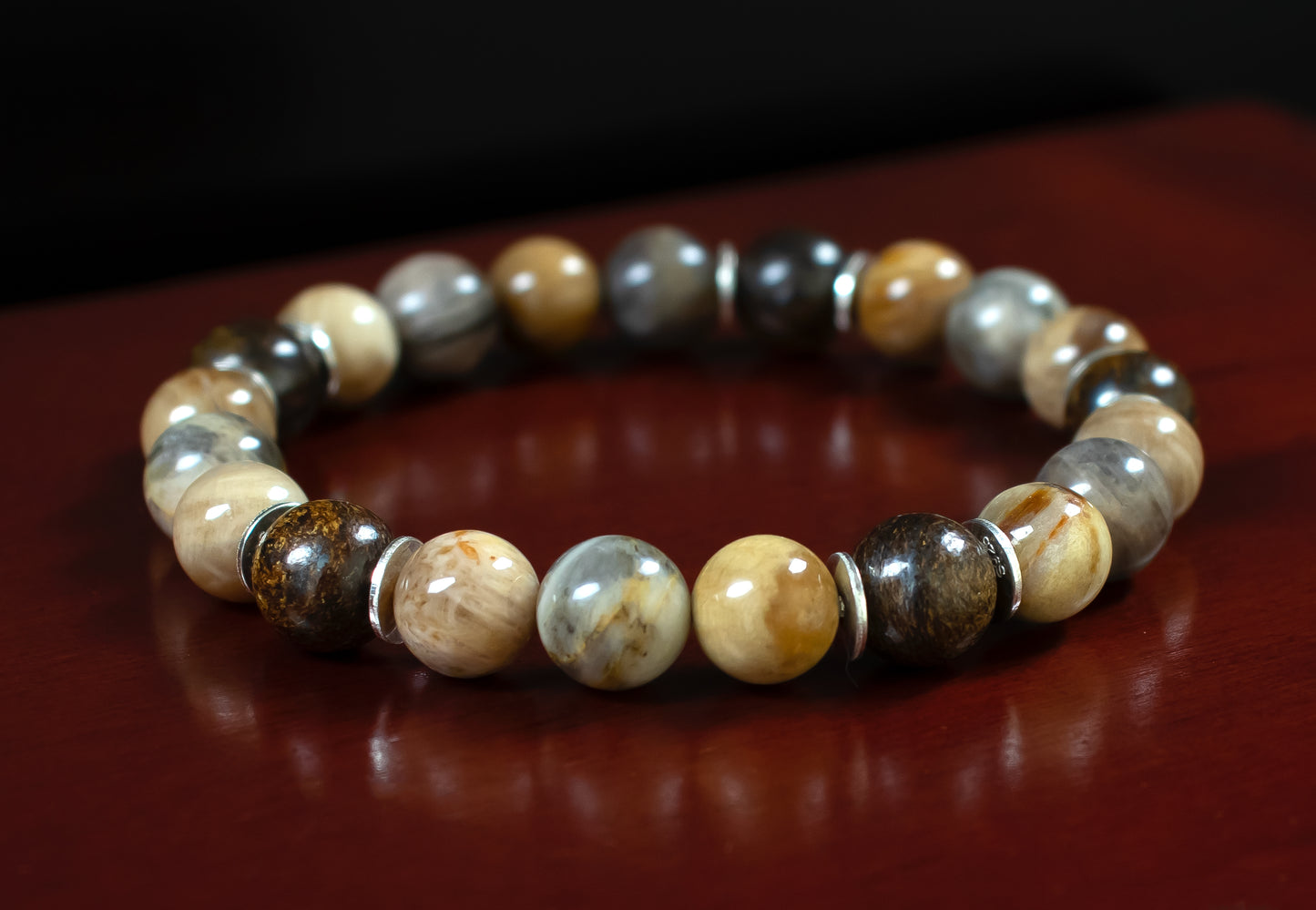 Calm/Aura Protection - AAA Quality Petrified Wood Jasper/A+ Quality Black Moonstone/.925 Sterling Silver