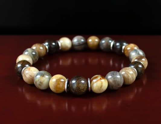 Calm/Aura Protection - AAA Quality Petrified Wood Jasper/A+ Quality Black Moonstone/.925 Sterling Silver