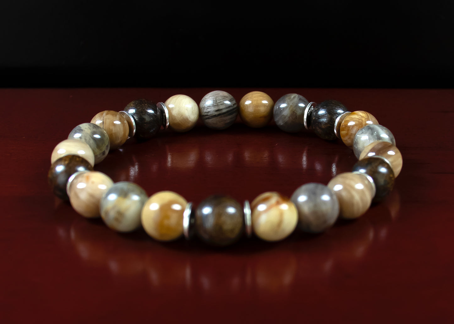 Calm/Aura Protection - AAA Quality Petrified Wood Jasper/A+ Quality Black Moonstone/.925 Sterling Silver