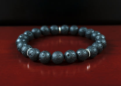 Motivation - AAA Quality Black Lava Stone Bracelet/.925 Sterling Silver Accent Beads - 8mm