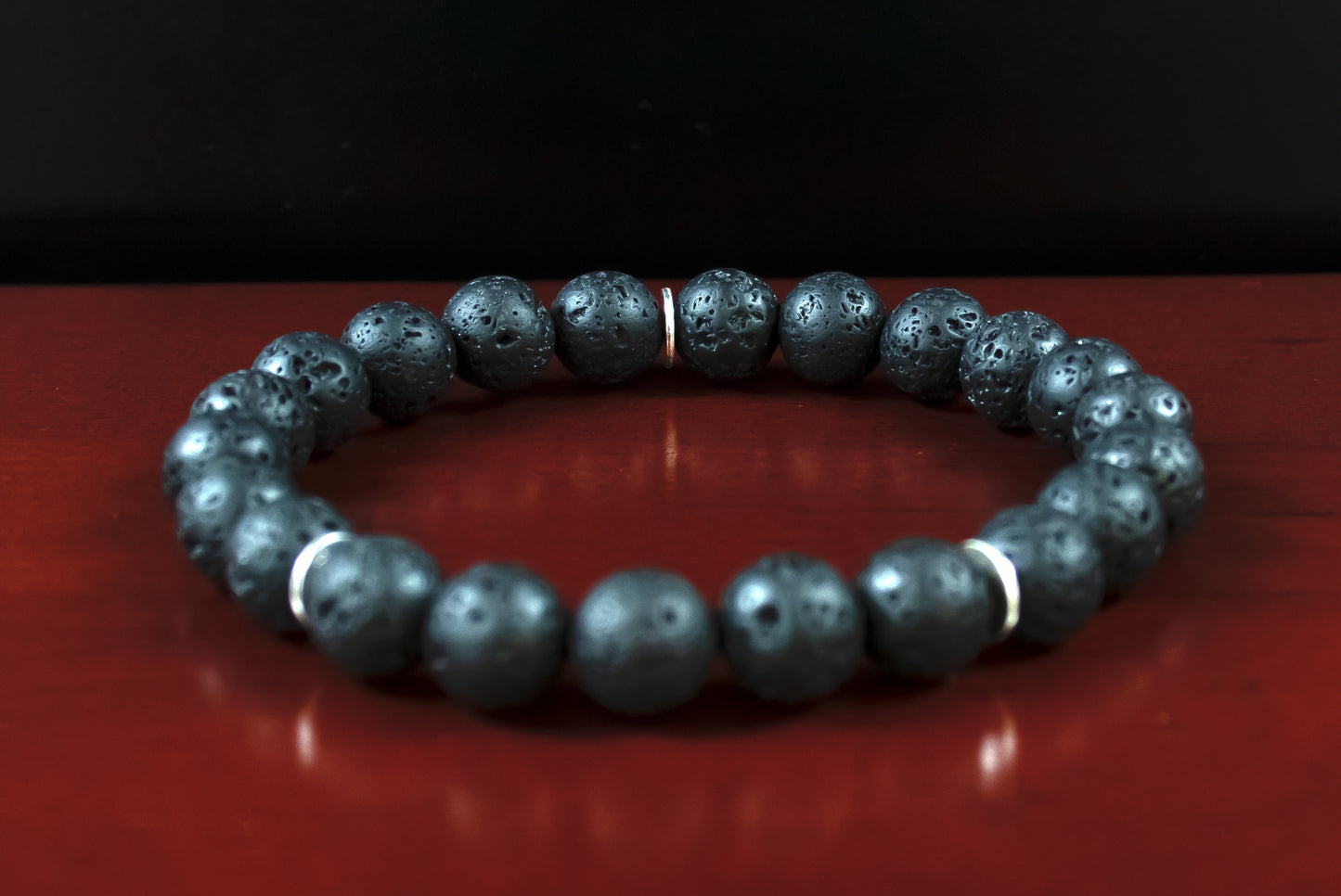 Motivation - AAA Quality Black Lava Stone Bracelet/.925 Sterling Silver Accent Beads - 8mm