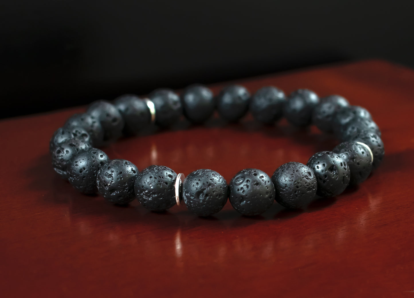 Motivation - AAA Quality Black Lava Stone Bracelet/.925 Sterling Silver Accent Beads - 8mm