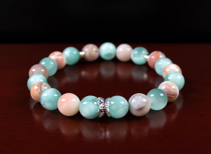 Change/Intelligence - AA Quality Pink Botswana Agate/A+ Quality Green Moonstone/.925 Sterling Silver Accent Beads - 8mm