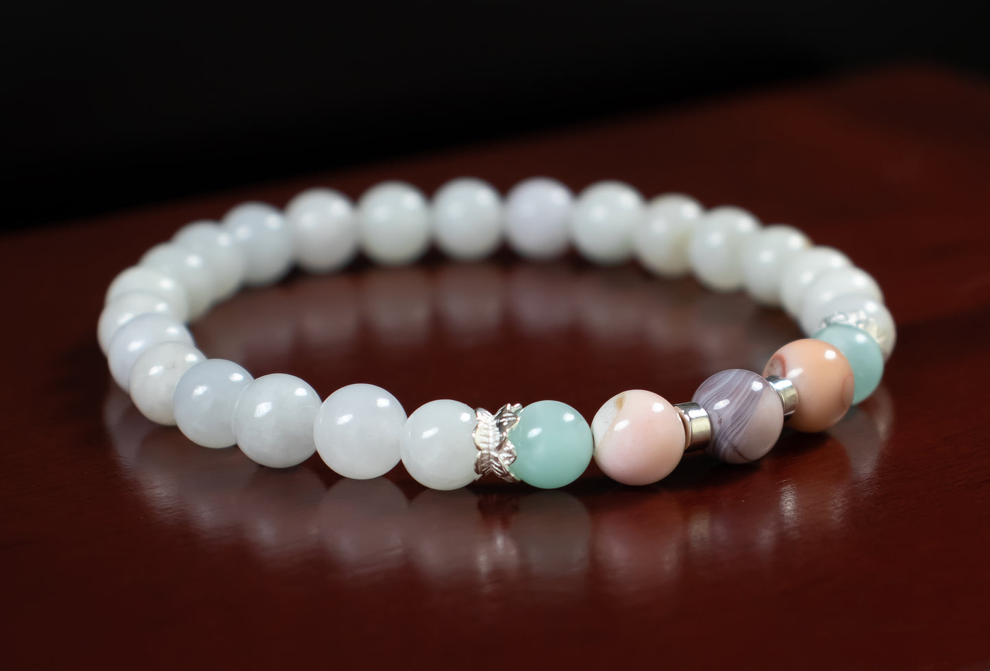 Luck/Focus - A+ Quality Pink Botswana Agate/AA Quality Green Moonstone/AAA Quality Burma Jade/.925 Sterling Silver Accents - 6mm