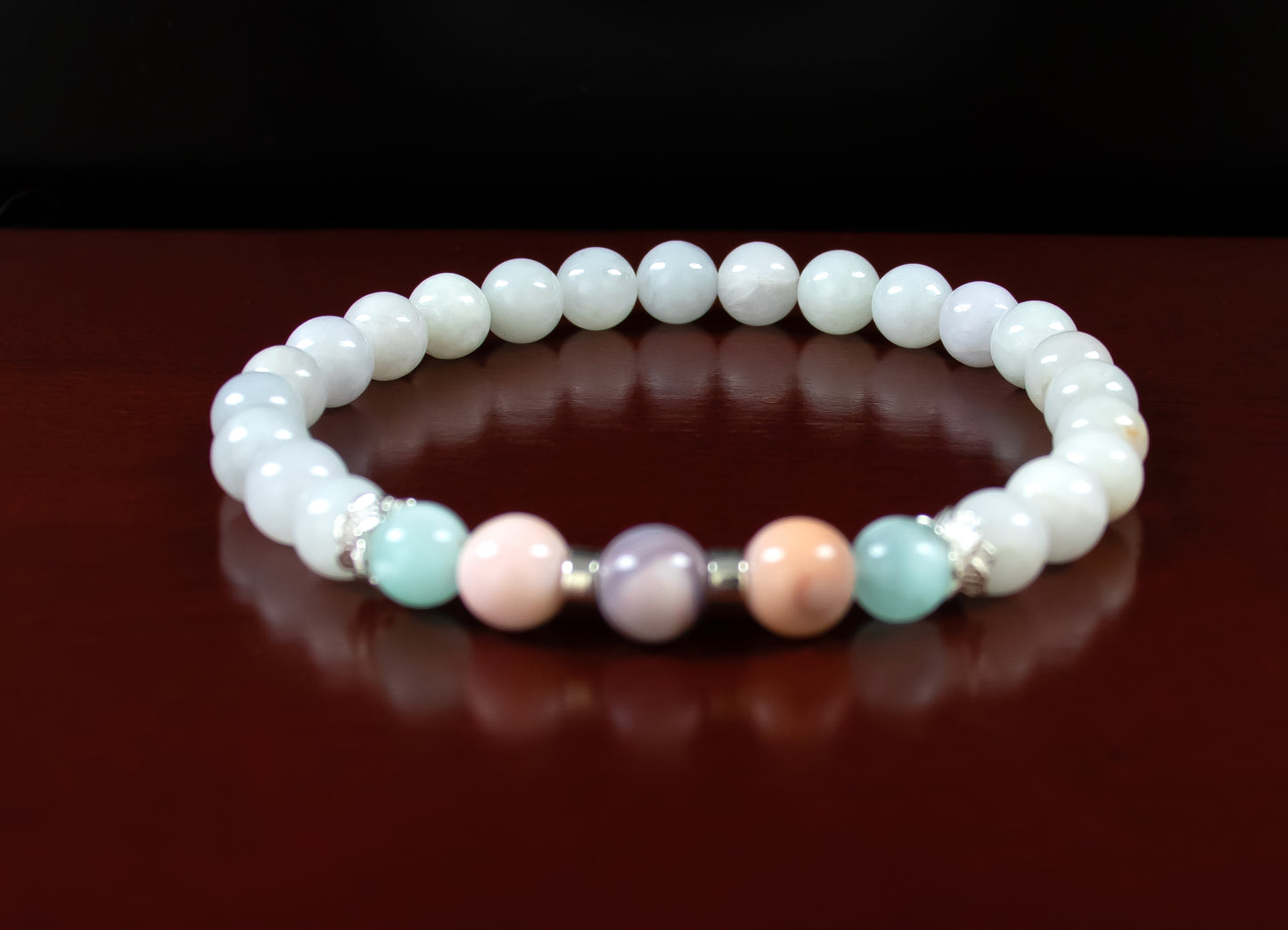 Luck/Focus - A+ Quality Pink Botswana Agate/AA Quality Green Moonstone/AAA Quality Burma Jade/.925 Sterling Silver Accents - 6mm