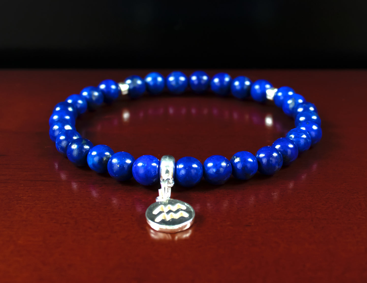 Aquarius - AAA Quality Natural Lapis Lazuli Accented with .925 Sterling Silver Rondelle Beads w/Charm - 6mm