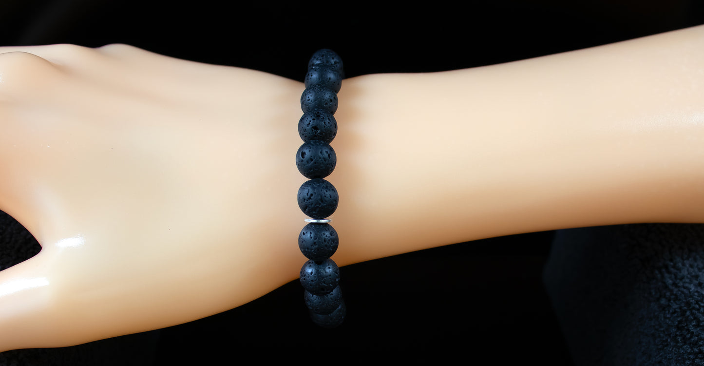 Motivation - AAA Quality Black Lava Stone Bracelet/.925 Sterling Silver Accent Beads - 8mm