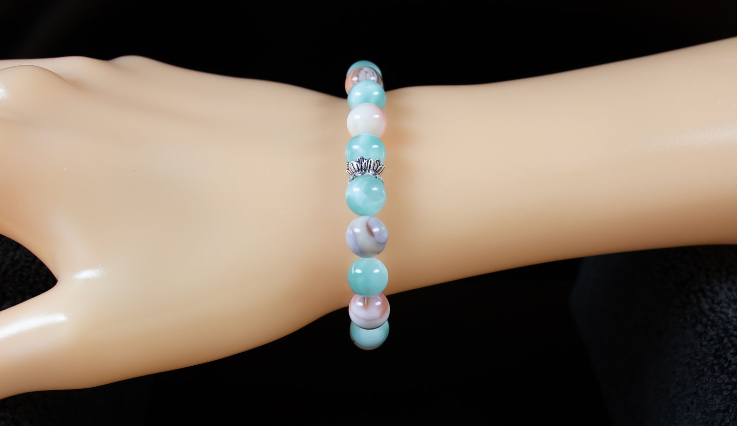 Change/Intelligence - AA Quality Pink Botswana Agate/A+ Quality Green Moonstone/.925 Sterling Silver Accent Beads - 8mm