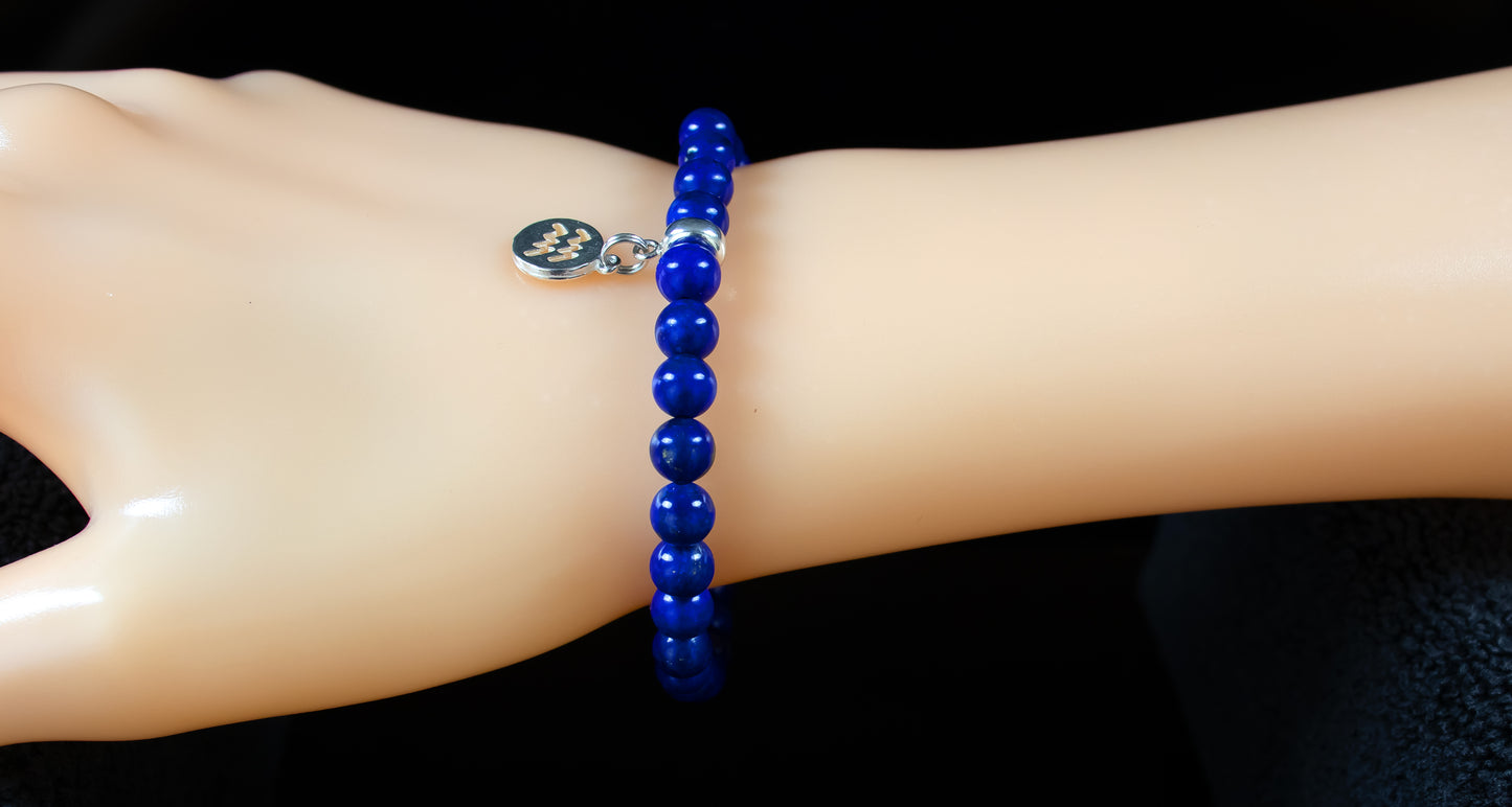 Aquarius - AAA Quality Natural Lapis Lazuli Accented with .925 Sterling Silver Rondelle Beads w/Charm - 6mm