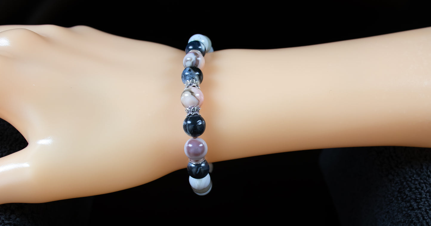 Enhanced Focus - A+ Quality Pink Botswana Agate/AAA Quality Dendrite Agate/.925 Sterling Silver Accents - 8mm