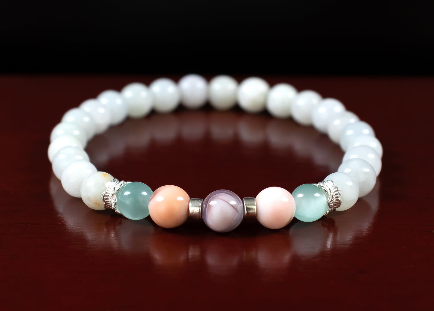 Luck/Focus - A+ Quality Pink Botswana Agate/AA Quality Green Moonstone/AAA Quality Burma Jade/.925 Sterling Silver Accents - 6mm