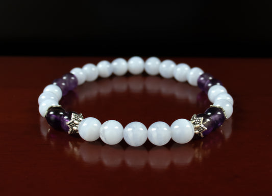 Inner Strength/Clarity - AAAAA Quality Amethyst Gemstone/AAA Quality Blue Lace Agate/Antique Silver Accents - 6mm