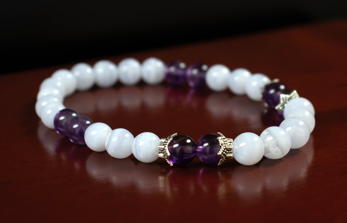 Inner Strength/Clarity - AAAAA Quality Amethyst Gemstone/AAA Quality Blue Lace Agate/Antique Silver Accents - 6mm