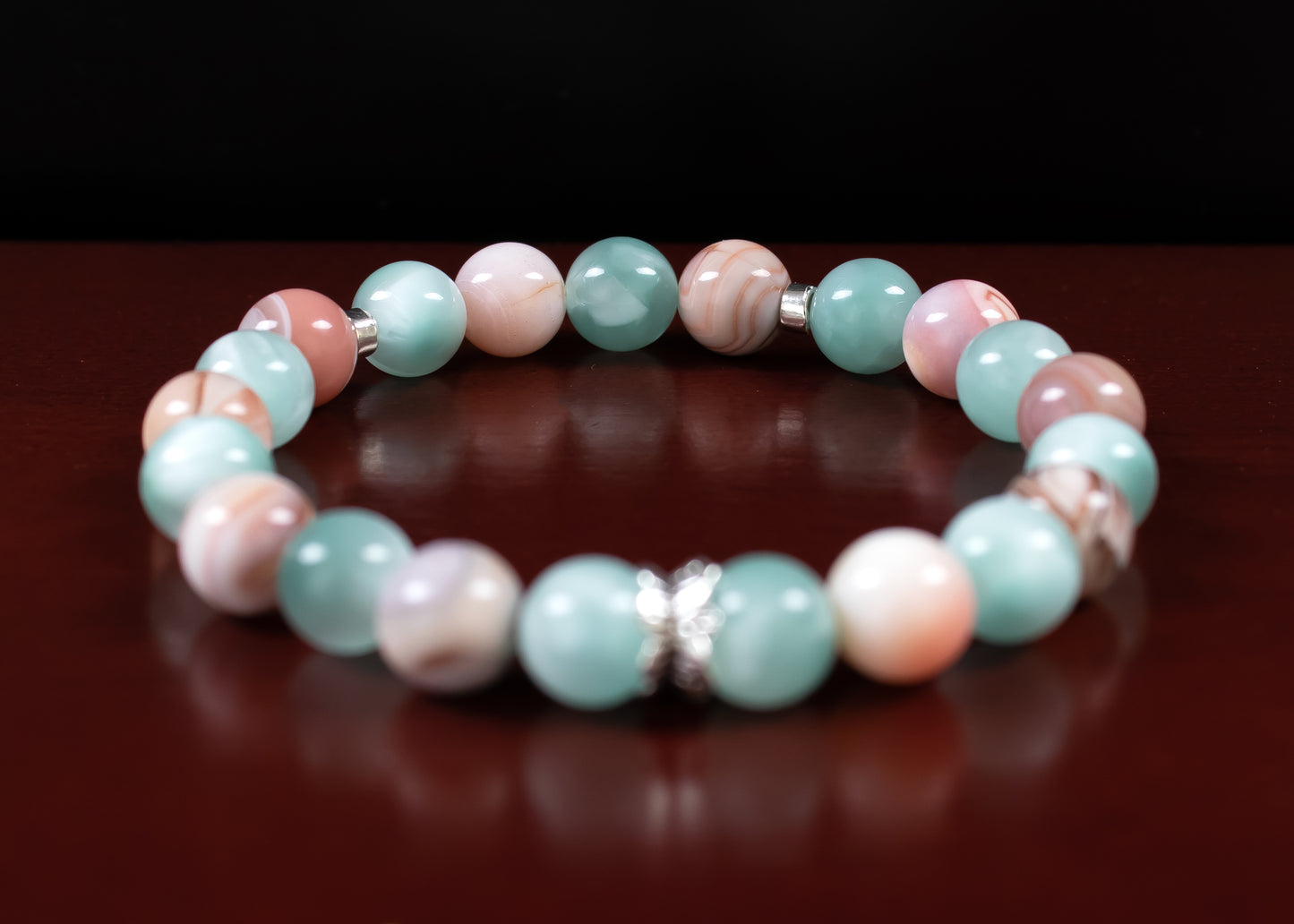 Change/Intelligence - AA Quality Pink Botswana Agate/A+ Quality Green Moonstone/.925 Sterling Silver Accent Beads - 8mm