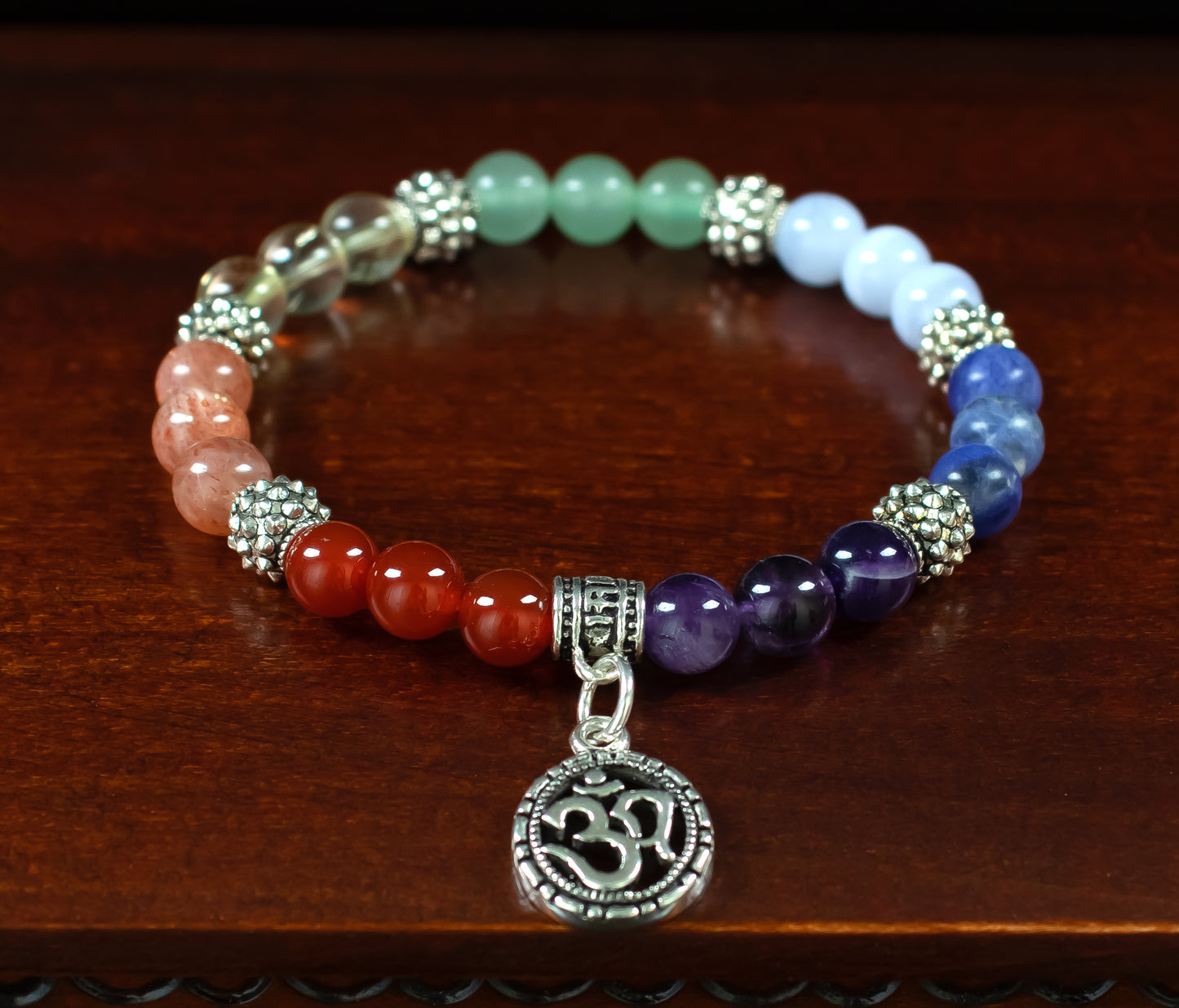 Chakra bracelet/AAA+ Quality Gemstones/.925 Sterling Silver OM charm and Bail with .925 Sterling Silver Accents