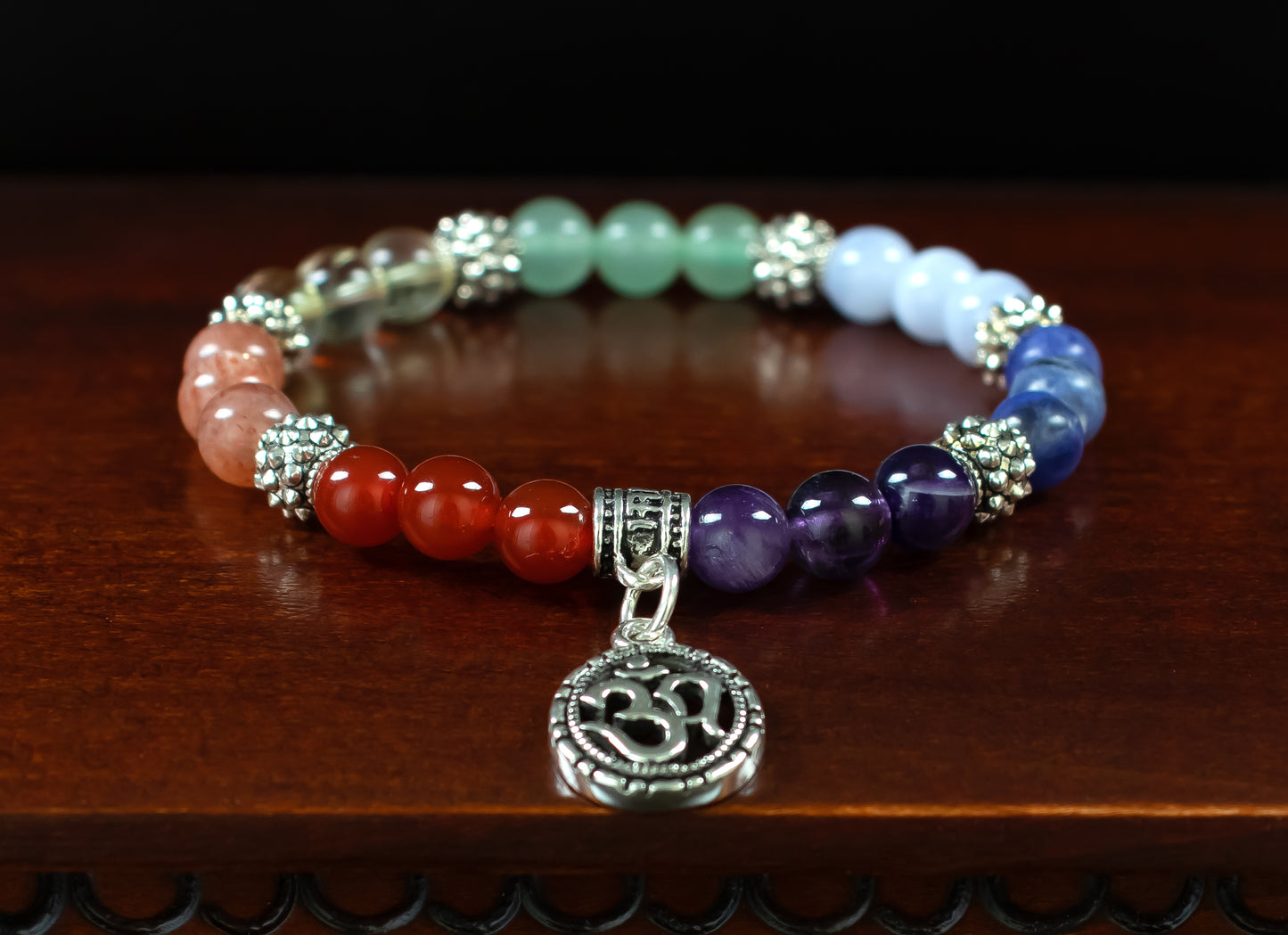 Chakra bracelet/AAA+ Quality Gemstones/.925 Sterling Silver OM charm and Bail with .925 Sterling Silver Accents