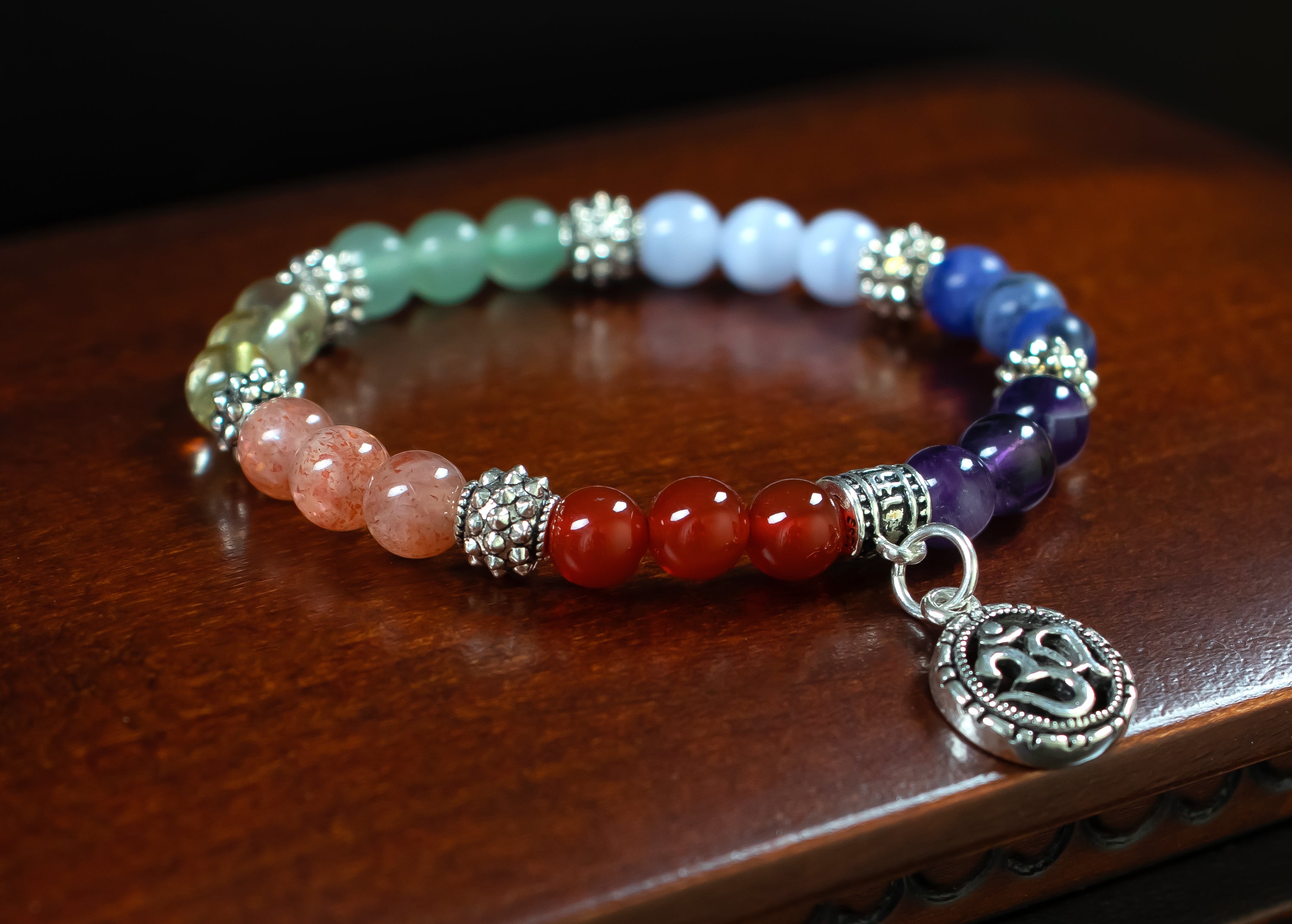 STUNNING Chakra bracelet/AAA+ Quality Gemstones/.925 Sterling Silver OM charm and Bail with .925 Sterling Silver order Accents